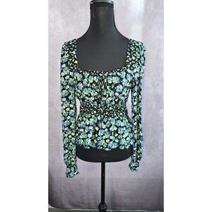 SO Women's-Squareneck Peplum Floral  Blouse-Black Multicolor Size M